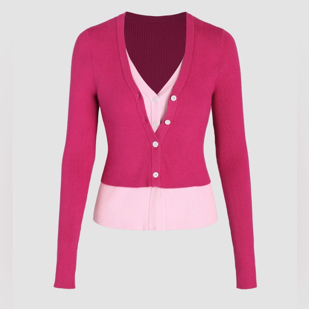 KNIT V-NECK FAUX TWO-PIECE BUTTON CARDIGAN